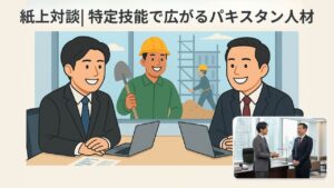 紙上対談｜特定技能で広がるパキスタン人材をテーマに、Skywork加藤侑氏と建設業界の未来を語るビジネスイラスト
