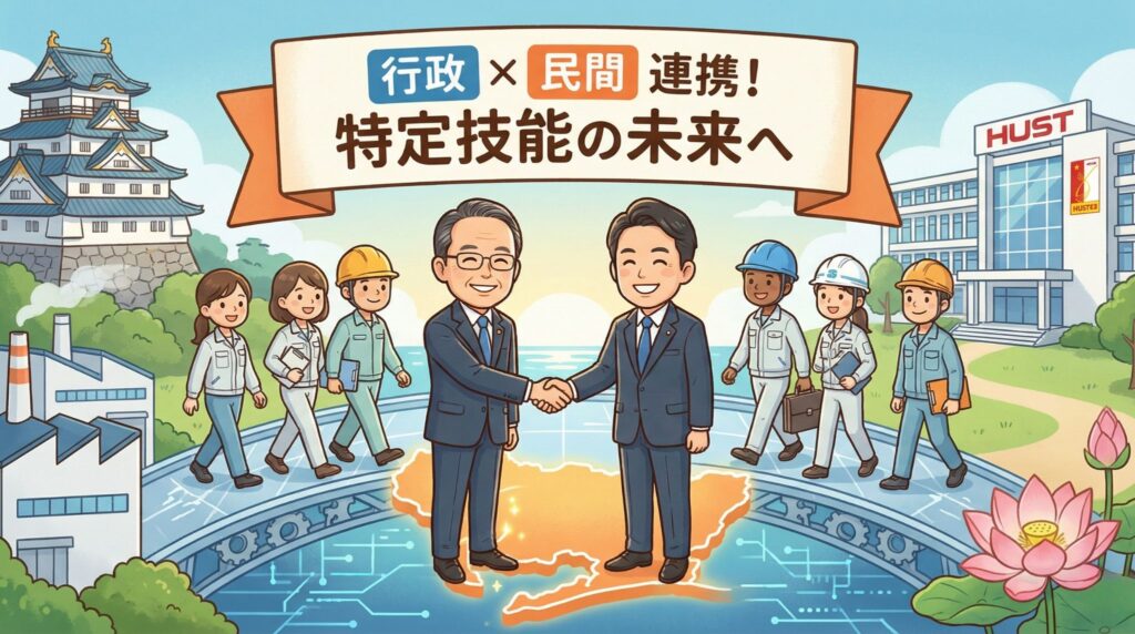 行政と民間が連携して特定技能の未来を拓くイメージイラスト。愛知県の大村知事とSkywork加藤CEOを模した人物が握手を交わし、背景には名古屋城とベトナムのハノイ工科大学、そして多様な外国人材が描かれている。