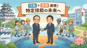 行政と民間が連携して特定技能の未来を拓くイメージイラスト。愛知県の大村知事とSkywork加藤CEOを模した人物が握手を交わし、背景には名古屋城とベトナムのハノイ工科大学、そして多様な外国人材が描かれている。