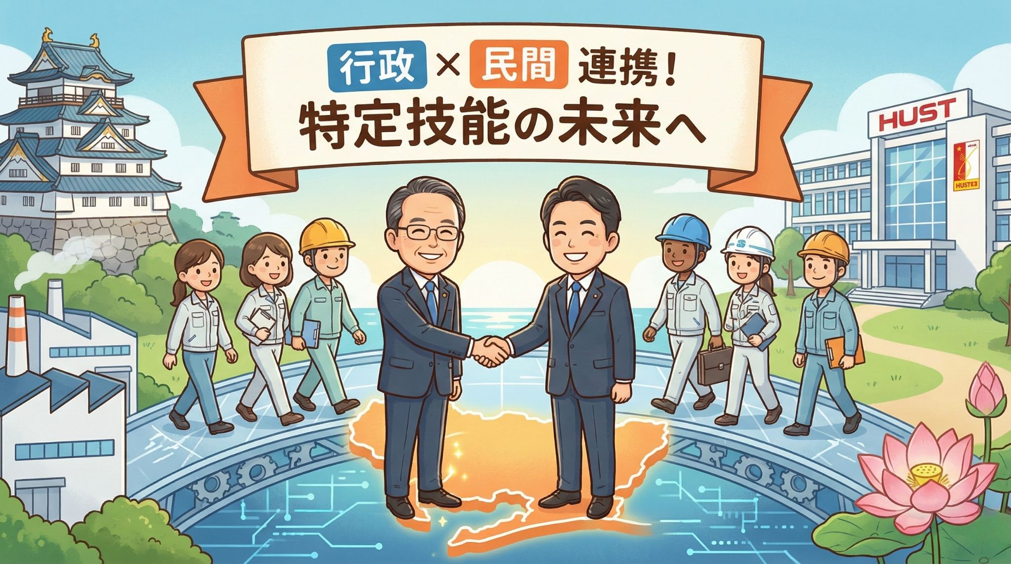 行政と民間が連携して特定技能の未来を拓くイメージイラスト。愛知県の大村知事とSkywork加藤CEOを模した人物が握手を交わし、背景には名古屋城とベトナムのハノイ工科大学、そして多様な外国人材が描かれている。
