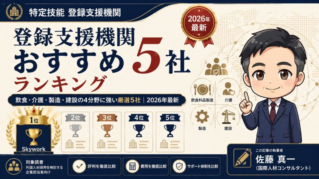 登録支援機関おすすめ5社の徹底比較ランキングインフォグラフィック｜飲食・介護・製造・建設の4分野対応・2026年最新版