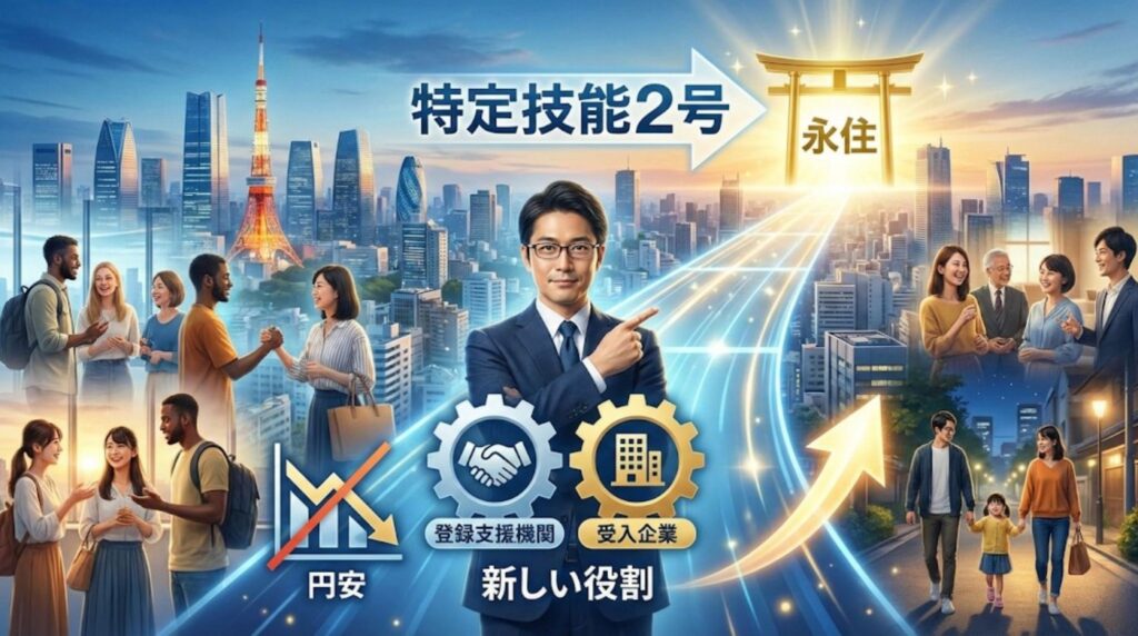 特定技能2号が拓く永住への道と外国人材の未来を描いたアイキャッチ画像。中央に立つ佐藤真一監修者イメージの日本人男性と、背景の多様な外国人労働者、東京の街並み。「特定技能2号」「永住」「登録支援機関」「受入企業」のテキストと共に、円安などの課題を乗り越えて未来へ進む様子を表現。