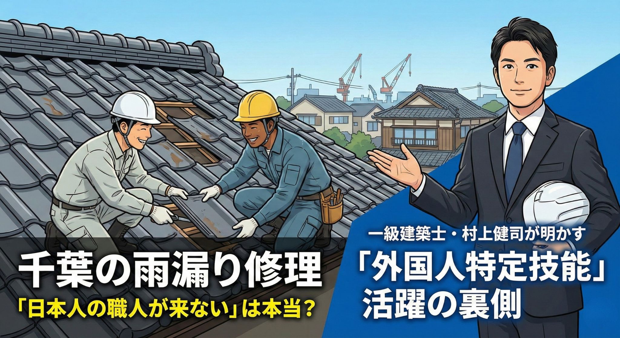千葉県の屋根修理現場で協力して作業する外国人特定技能職人と日本人職人のイラスト。手前で一級建築士の村上健司が解説している様子。