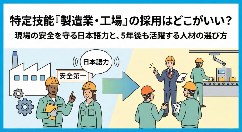 特定技能「製造業・工場」の採用記事用アイキャッチ画像。工場で「安全第一」を掲げてコミュニケーションをとる作業員と管理者のシンプルなイラスト。