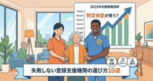 介護施設で笑顔を見せる特定技能外国人と日本人スタッフ、そして高齢者のイラスト。背景には2025年の労働者数推移を示す右肩上がりのグラフがあり、ビジネスライクなテイストで描かれたアイキャッチ画像。