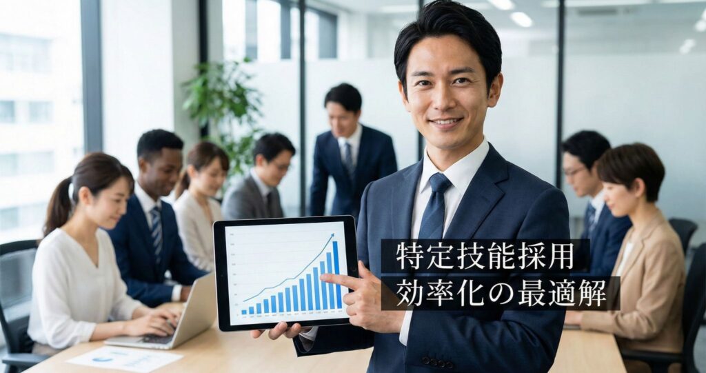 特定技能採用の効率化とコスト削減を示すグラフを持つ男性。「特定技能採用 効率化の最適解」