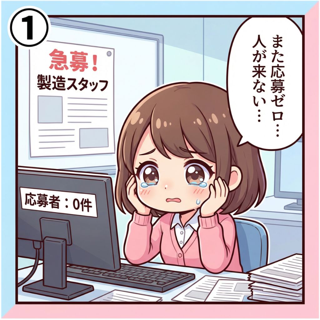 特定技能外国人の採用に悩む工場の採用担当者がパソコンの前で応募ゼロの画面を見て頭を抱える漫画イラスト