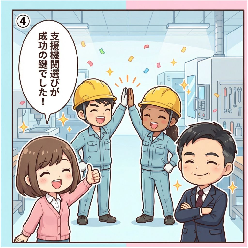 特定技能外国人スタッフと日本人スタッフが工場で笑顔でハイタッチし登録支援機関選びの成功を喜ぶ漫画イラスト