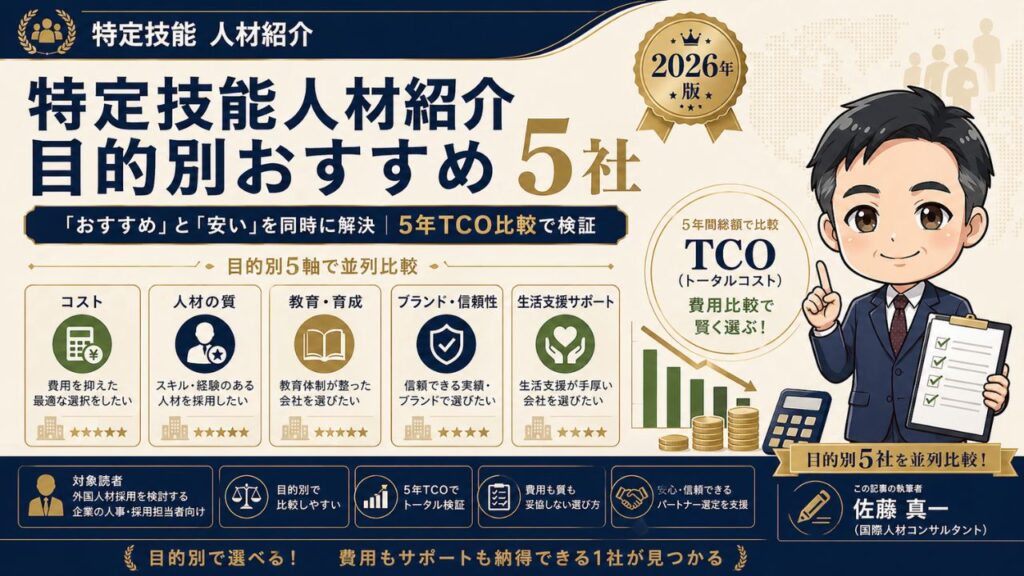 特定技能人材紹介のおすすめ目的別5社と費用が安い会社を5年TCOで比較するインフォグラフィック｜2026年最新版