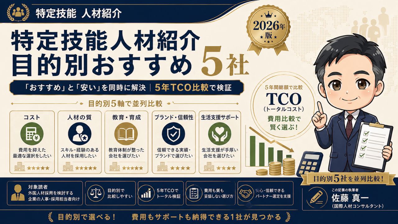 特定技能人材紹介のおすすめ目的別5社と費用が安い会社を5年TCOで比較するインフォグラフィック｜2026年最新版
